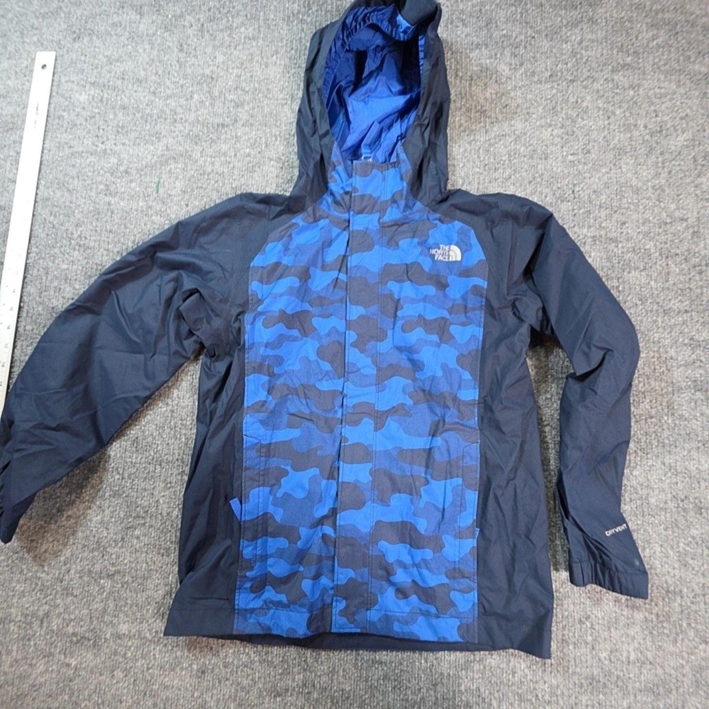 The North Face Jacket Boys 10-12 Blue Camo Hooded DryVent Rain Coat Waterproof
